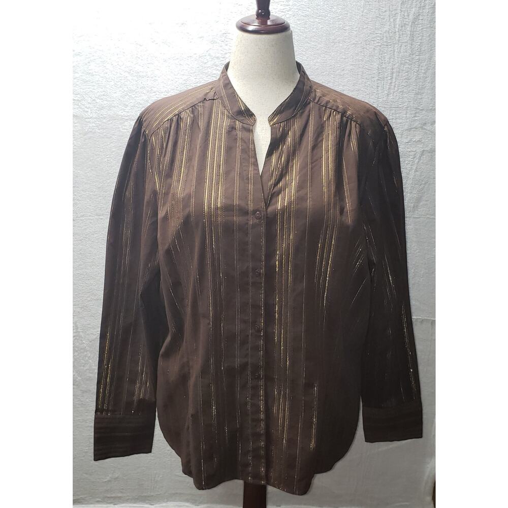 A.N.A. Brown & Gold Metallic Shimmer Blouse 3X Plus Size Retro Office Wear